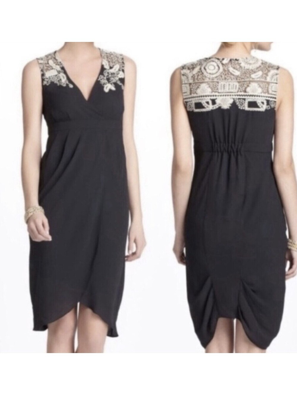 Anthropologie Meadow Rue Size 12 Embroidered Tulip Dress Black Cream V Neck
